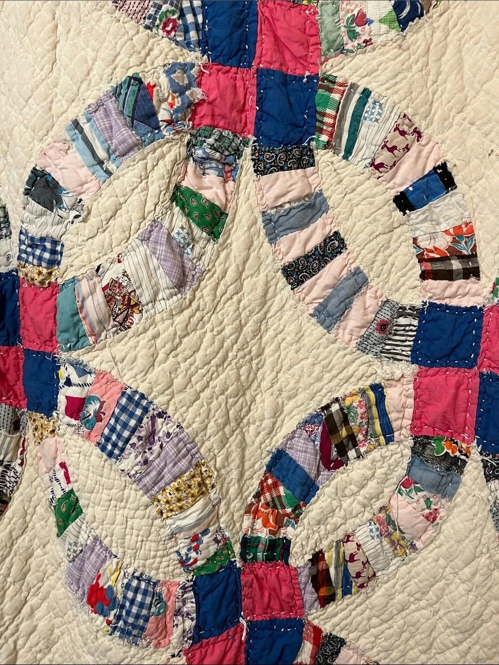 ANTIQUE DOUBLE WEDDING RING QUILT - Hand Pieced/Hand Quilted - Cotton